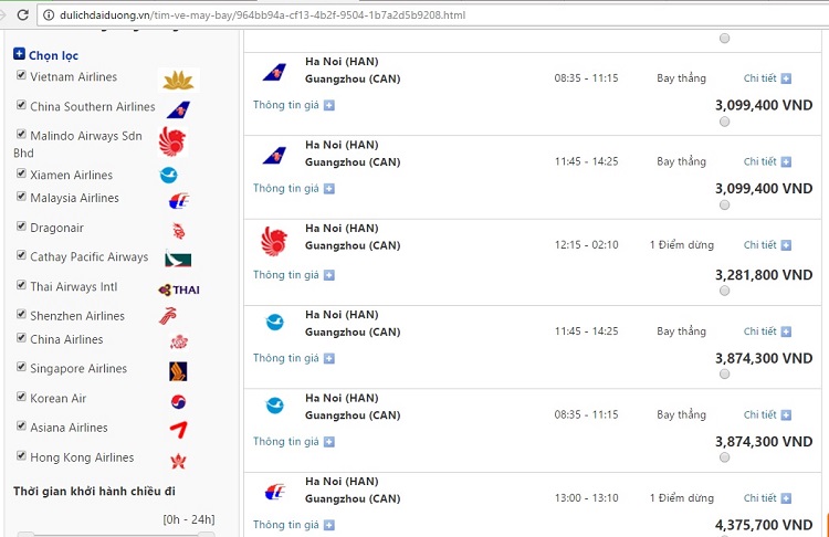 Giá vé máy bay đi Quảng Châu từ Hà Nội (giá vé mang tính thời điểm)