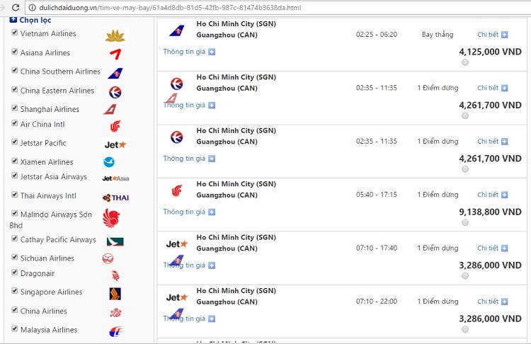 Giá vé máy bay từ Sài Gòn đi Quảng Châu (giá vé mang tính thời điểm)