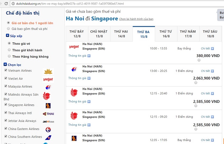 Giá vé máy bay đi Singapore tham khảo tại Du Lịch Đại Dương