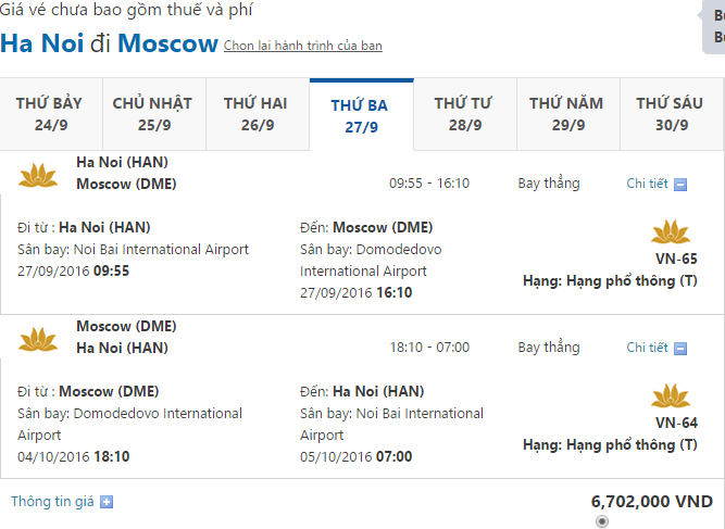 Vé máy bay khứ hồi đi Nga của Vietnam Airlines