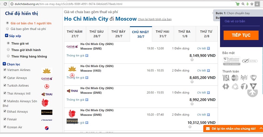 Giá vé máy bay đi Moscow tham khảo tại dulichdaiduong.vn
