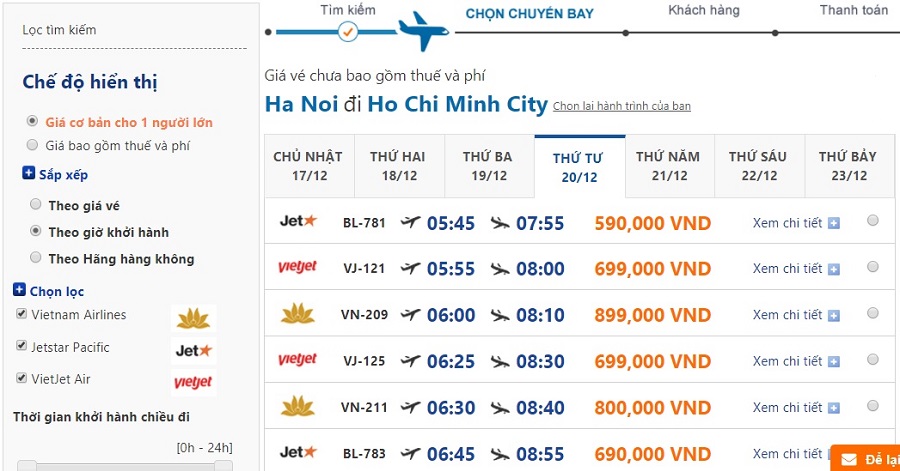 Vé máy bay giá rẻ tháng 12 của hành trình Hà Nội - Sài Gòn