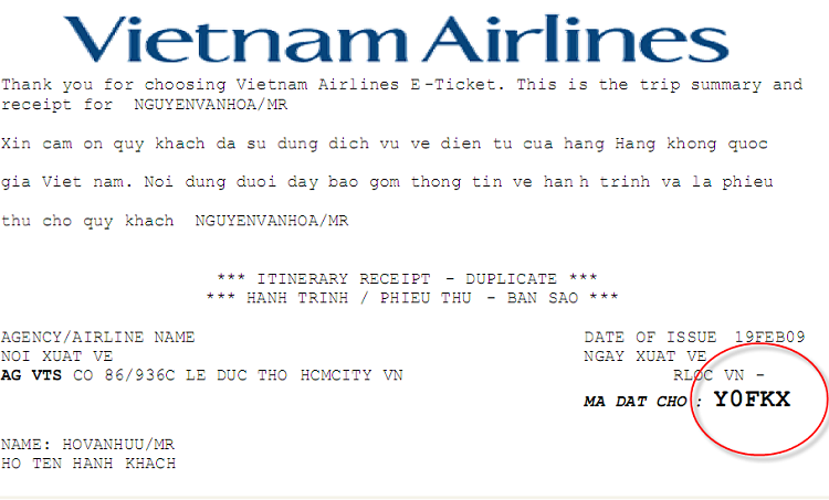Mẫu file vé điện tử của Vietnam Airlines