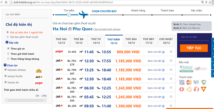 Với hành trình Hà Nội đi Phú Quốc, giá vé máy bay hiện được Jetstar Pacific bán ra thấp nhất là 890.000 đồng. Mức giá này áp dụng cho một số ngày bay nhất định trong tháng. Các ngày khác, giá vé cao hơn, nằm trong khoảng 900.000 đồng đến 1.940.00 đồng. Cũng như hành trình Sài Gòn đi Phú Quốc, giá vé cao nhất trong tháng cũng rơi vào 2 ngày cuối tháng là 30 và 31. Vì vậy, nếu bạn không quá quan trọng phải đi vào 2 ngày này thì bạn có thể khéo léo sắp lịch để tới đây du lịch trong những ngày khác với những tấm vé máy bay giá rẻ giúp tiết kiệm hơn.