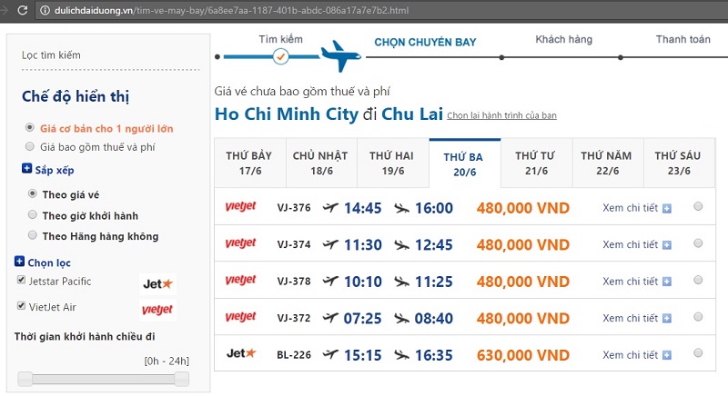 Vé máy bay đi Chu Lai từ thành phố Hồ Chí Minh.