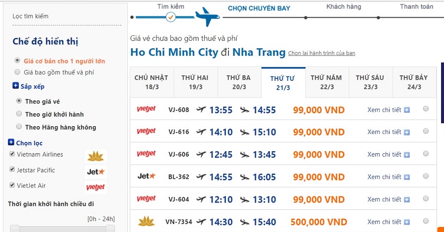 Giá vé máy bay Sài Gòn- Nha Trang ngày 21/3/2018