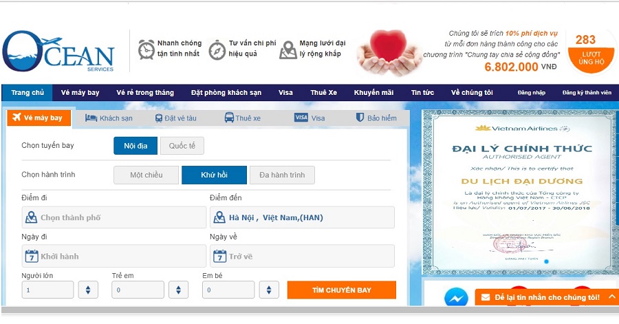 Giao diện đặt vé máy bay giá rẻ đi hà nội tại dulichdaiduong.vn