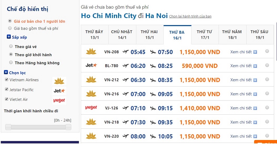 Giá vé máy bay đi Hà Nội ngày 16/01/2017