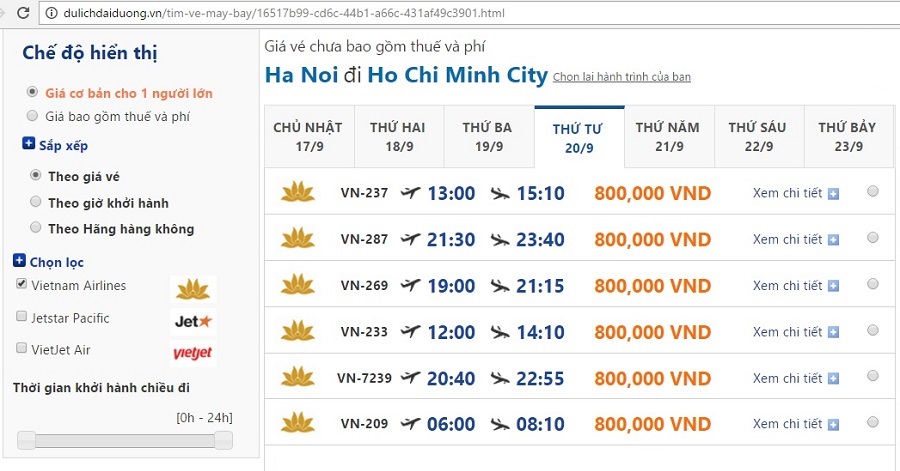 Giá vé từ hà nội vào sài gòn của Vietnam Airlines