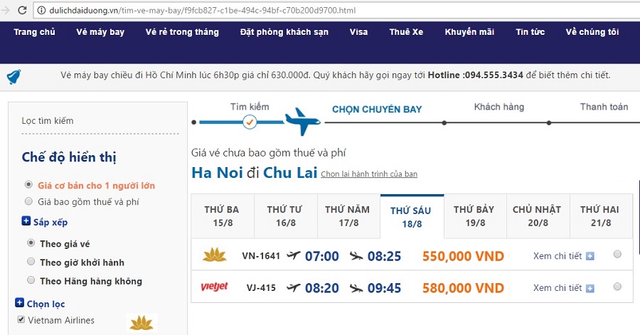 Lịch bay hà nội chu lai của VietJet Air và Vietnam Airlines