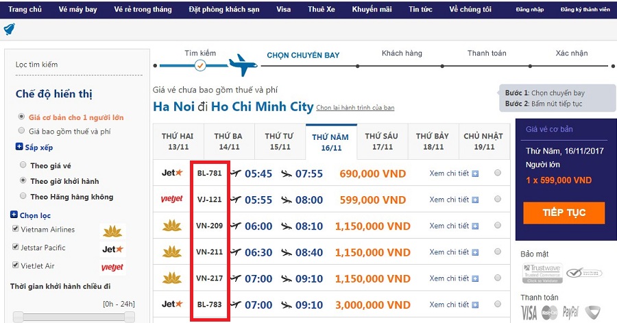 Số hiệu chuyến bay được hiển thị trên website dulichdaiduong.vn khi tra cứu vé