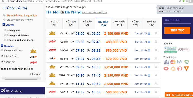Với hành trình bay Hà Nội - Đà Nẵng, giá vé máy bay thấp nhất thuộc về hãng hàng không VietJet Air là 149.000đ. Các ngày khác, giá vé cao sẽ hơn và dao động trong khoảng từ 199.000đ đến 840.000đ.
