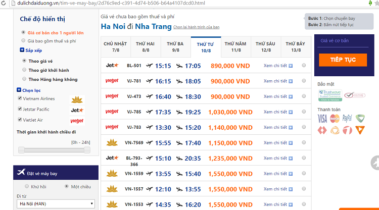 Đã qua tháng 7 với mức giá vé máy bay đi Nha Trang từ Hà Nội cao ngất ngưởng. Sang tháng 8, mức giá đến thành phố biển này đã dịu đi đôi chút. Giá vé rẻ nhất là 790.000đ của Jetstar Pacific, các mức vé cao hơn chút là 890.000đ, 900.000đ rải đều vào các ngày trong tháng. Các ngày sát cuối tuần giá vé khá cao, cao nhất là 1.680.000 của Jetstar Pacific và 1.550.000 của Vietnam Airline (đây là giá vé 1 chiều chưa bao gồm các loại thuế phí).