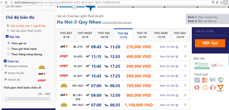 Nếu như Vietnam Airlines luôn là hãng đưa ra mức giá cao hơn thì tháng 10 này lại không hoàn toàn như vậy, mức giá hãng hàng không này đưa ra cho hành trình bay Hà Nội – Quy Nhơn trong tháng 10 không quá cao, từ 599.000đ đến 2.550.000đ. Mức giá vé cao nhất chỉ áp dụng duy nhất cho ngày 1/10.