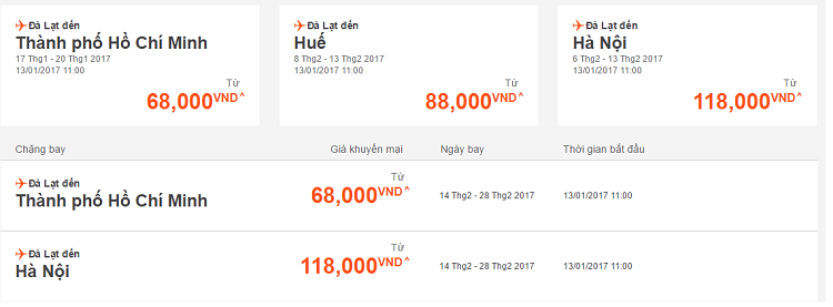 Giá vé khuyến mại cho các chặng bay từ Đà Lạt