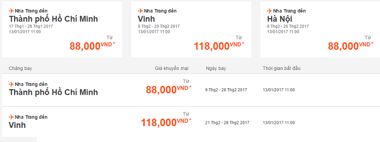  Giá vé khuyến mại cho các chặng bay từ Nha Trang