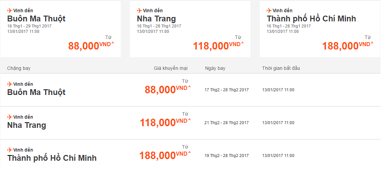  Giá vé khuyến mại cho các chặng bay từ Vinh
