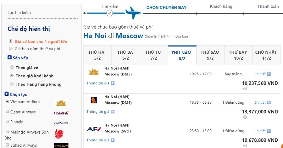 Bảng giá vé máy bay đi Nga cho hành trình Hà Nội - Moscow trong tháng 2/2018: