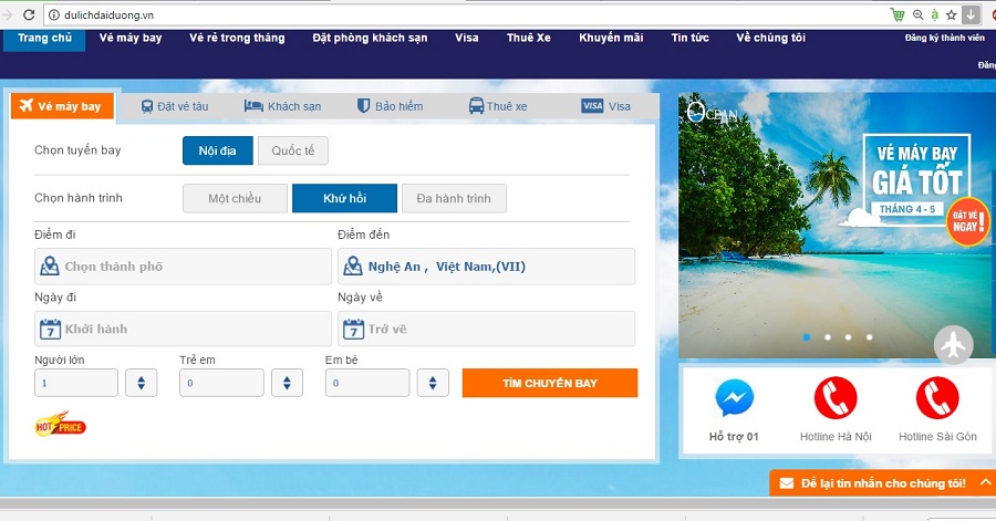 Giao diện đặt vé máy bay đến Vinh tại website dulichdaiduong.vn