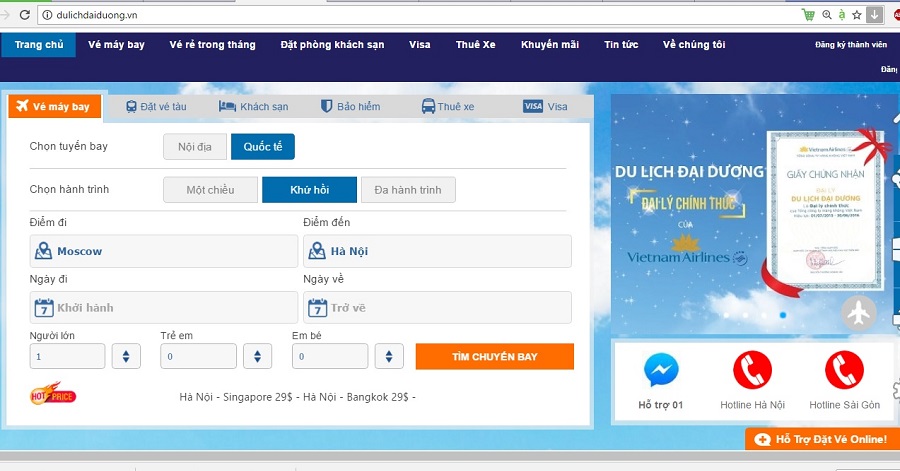 Giao diện đặt vé máy bay giá rẻ từ Moscow về Hà Nội tại dulichdaiduong.vn