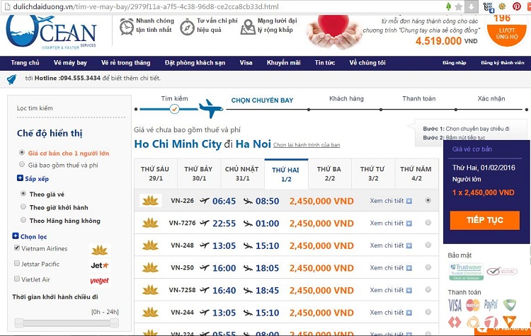 Ảnh: Giá vé máy bay tết 2016 chặng bay Sài Gòn - Hà Nội ngày 01/02/2016