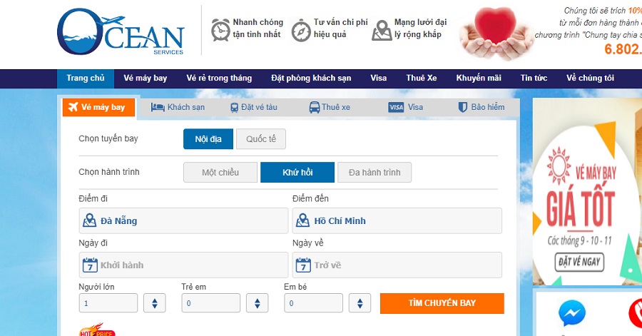 Giao diện đặt vé máy bay vietnam airlines đi sài gòn từ Đà Nẵng