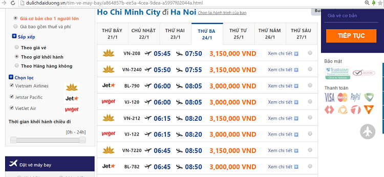 Ví dụ vé rẻ tháng 01/2017 chặng Sài Gòn đi Hà Nội đợt cao điểm