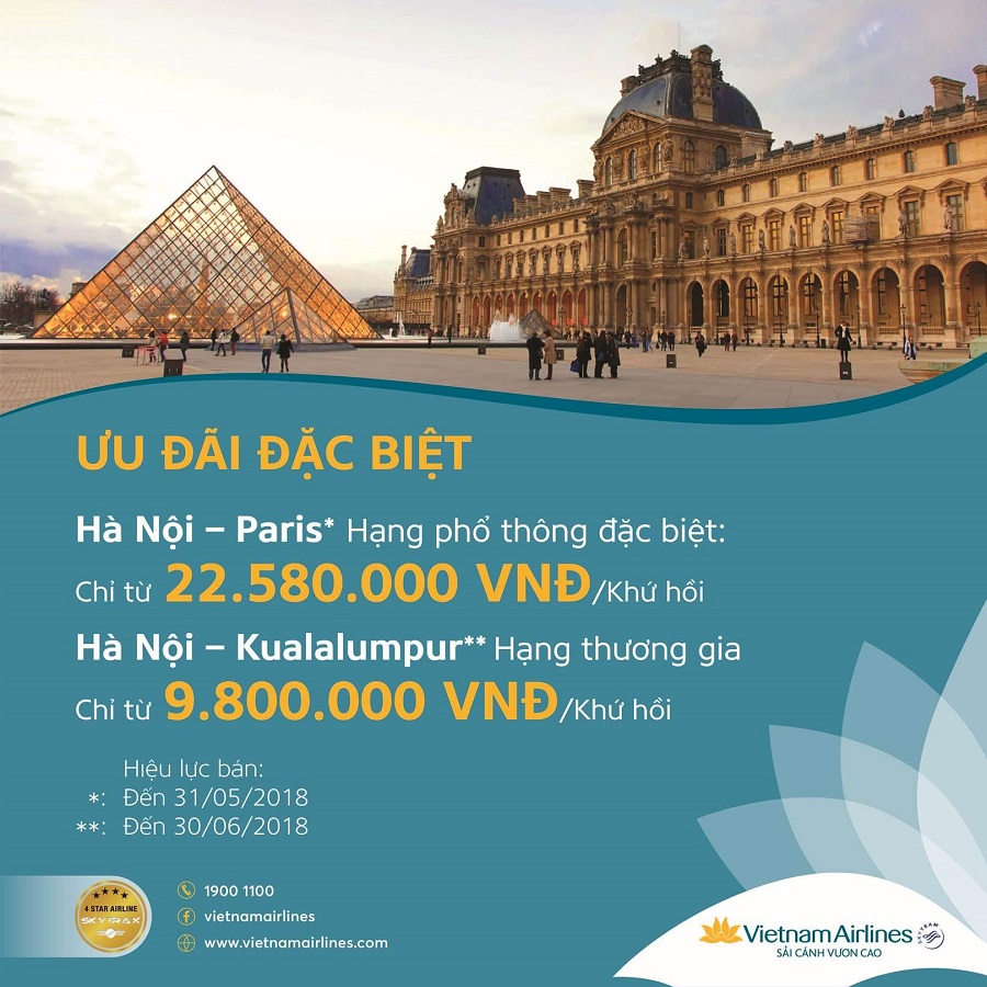 Chương trình ưu đãi đặc biệt đi Paris và Kuala Lumpur từ Hà Nội của Vietnam Airlines